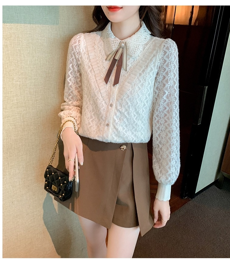 レース ニット ブラウス リボン トップス ブラウス ニットソー セーター 袖あり 長袖 襟付き 前開き ニット かわいい 大人可愛い 上品 おしゃれ レトロ ラブリー キュート 主役級 存在感 春