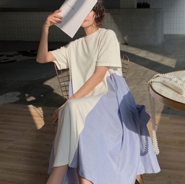 ワンピース デート かわいい 大人可愛い きれいめ シンプル カジュアル 大人 上品 おしゃれ ロング丈 半袖 ラウンドネック 異素材ミックス フレア Ａライン 春夏 韓国 ストライプ 無地 XL