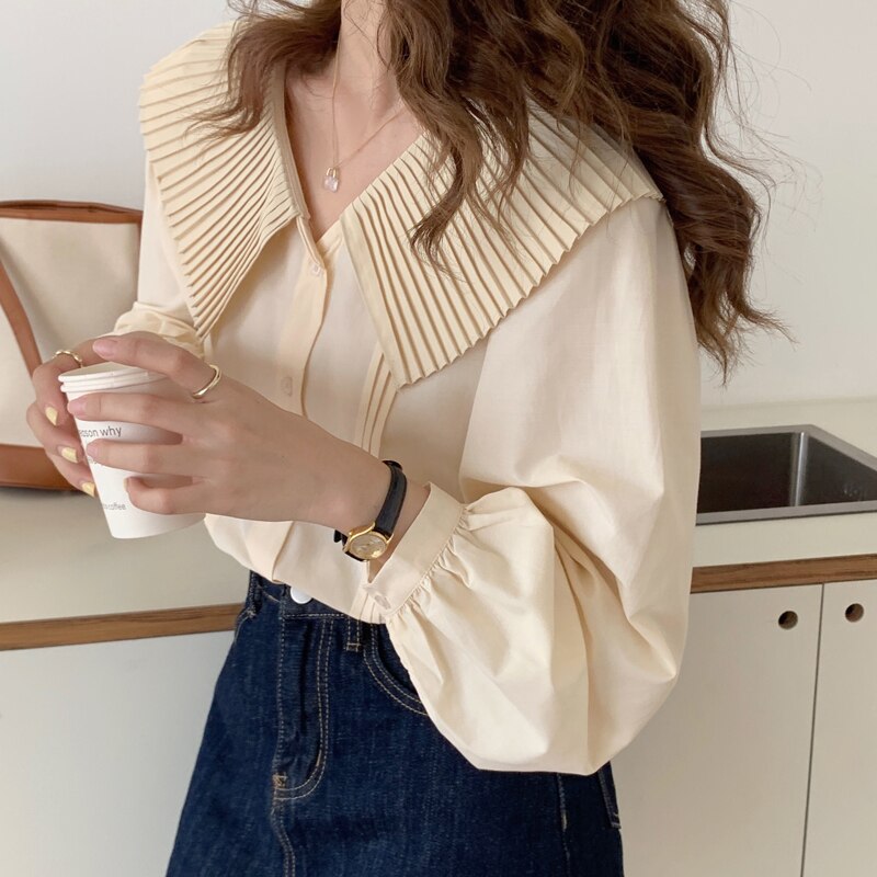 シャツ ブラウス レディース ビッグカラー 長袖 襟付き プリーツ 前開き かわいい ガーリー キュート 無地 春 秋 学生 通学 デート 韓国 オルチャン フリーサイズ ホワイト ブルー トップス