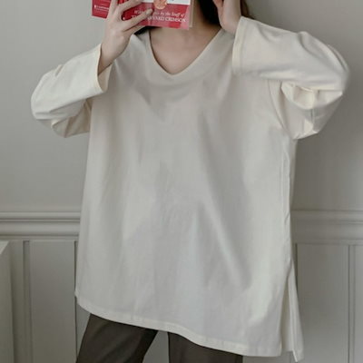 トップス ロングTシャツ ルーズフィット Tシャツ カットソー プルオーバー ロング丈 袖あり 長袖 ドロップショルダー 萌袖 Vネック 襟なし Aライン スリット トップス ロングTシャツ ルーズフィット Tシャツ カットソー