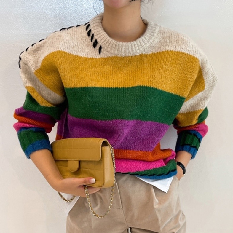 カラフル デザインニット レディース トップス ニット セーター コート 長袖 ラウンドネック 配色 大人可愛い きれいめ シンプル 上品 レトロ 個性的 主役級 存在感 都会的 カレッジ風