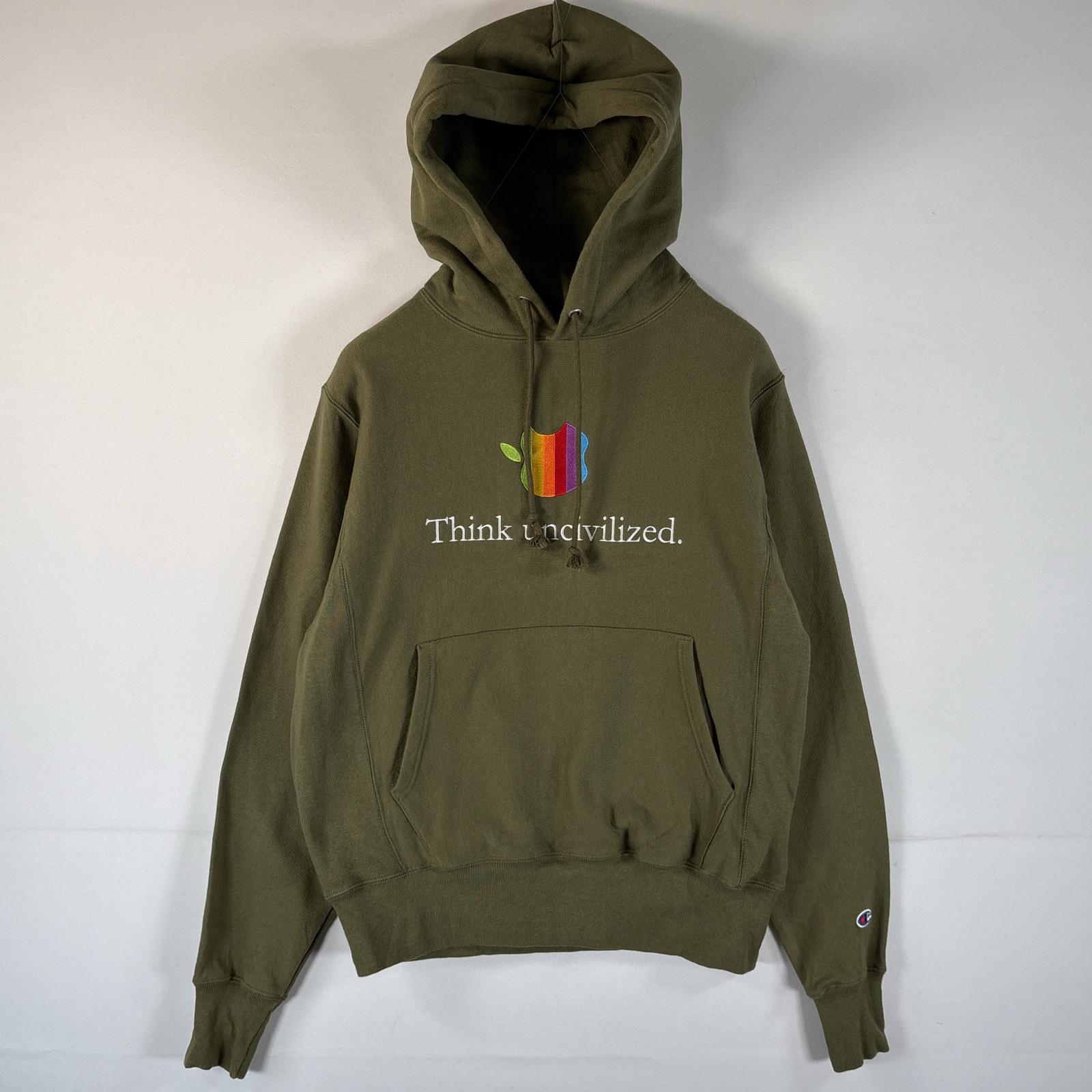 古着 パーカー リバースウィーブ ビッグ刺繍 フーディ アップル プルオーバーパーカー SMALL グリーン系 メンズ