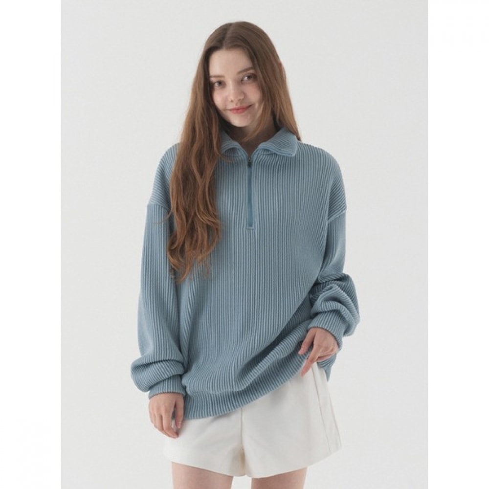 (Pianer) 着心地抜群オーバーフィットハーフジップアップカラーネックニット (スカイブルー)
