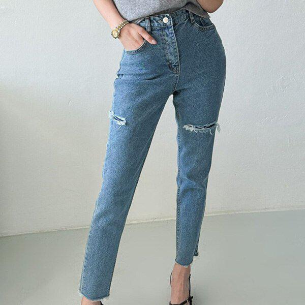 (JN)425スパンダメージリペアストレートデニムパンツ 春冬