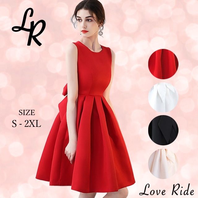 ミニ ドレス ワンピース パーティー 結婚式 レディース 大きいサイズ ノースリ フレア バックリボン 白 黒