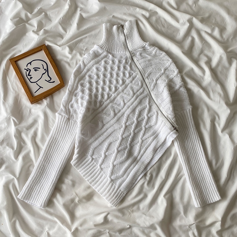 レディース トップス ニット セーター プルオーバー アシンメトリー 長袖 ハイネック タートルネック 切り替え スリット ファスナー リブ 前開き ケーブルニット リブニット 伸縮性 アメカジ 5,206円