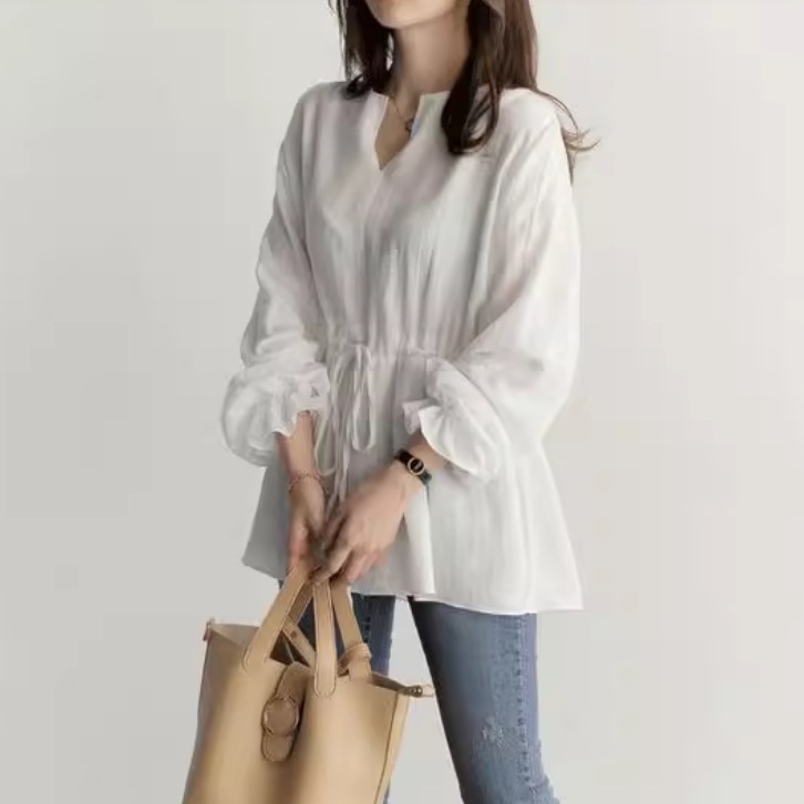 レディース トップス シャツ ブラウス プルオーバー 長袖 Vネック 襟なし ワイド ハイウエスト 薄手 かわいい 大人可愛い きれいめ シンプル カジュアル 上品 おしゃれ レトロ こなれ感 ラフ