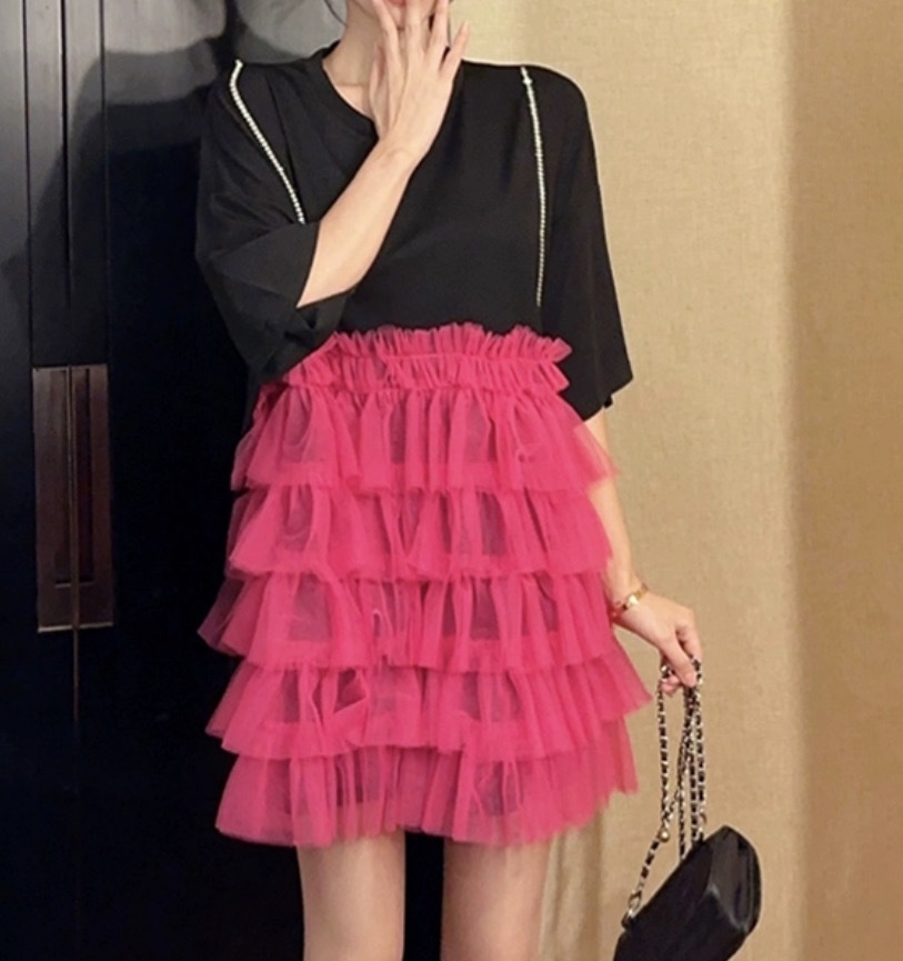 レディース スカート ワンピース プルオーバー Tシャツ Tシャツワンピ ティアードスカート ミニ 半袖 クルーネック ストレート Aライン ドッキング フェミニン レース チュール フリル ふわふわ