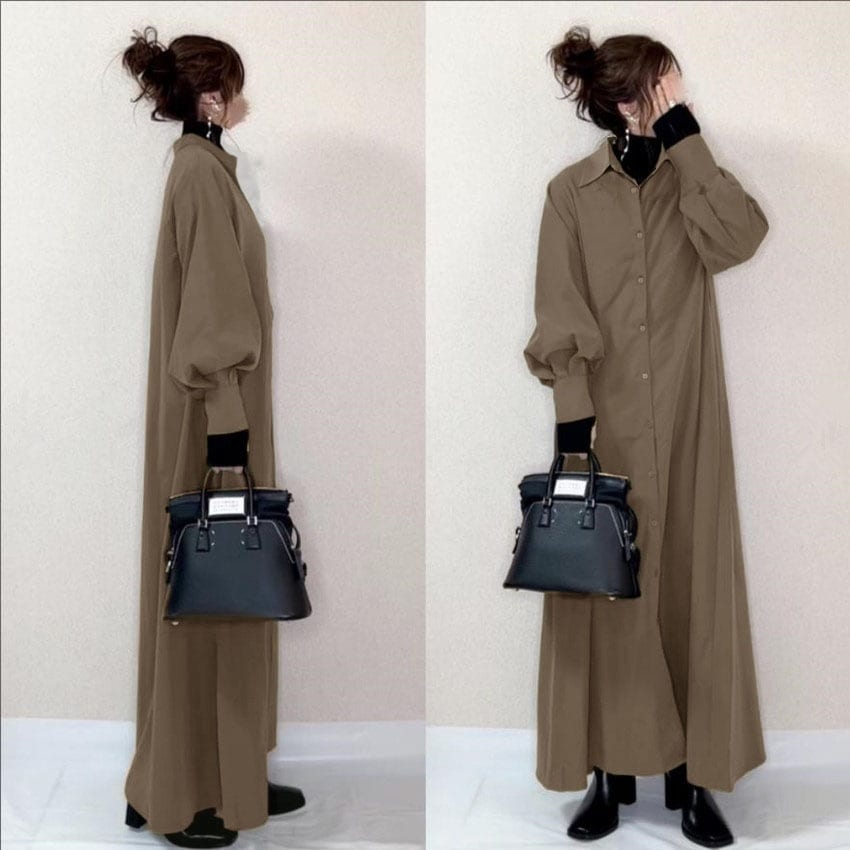 【再入荷予定】 Aライン 折襟 シャツ ノー カラー ロング ワンピース