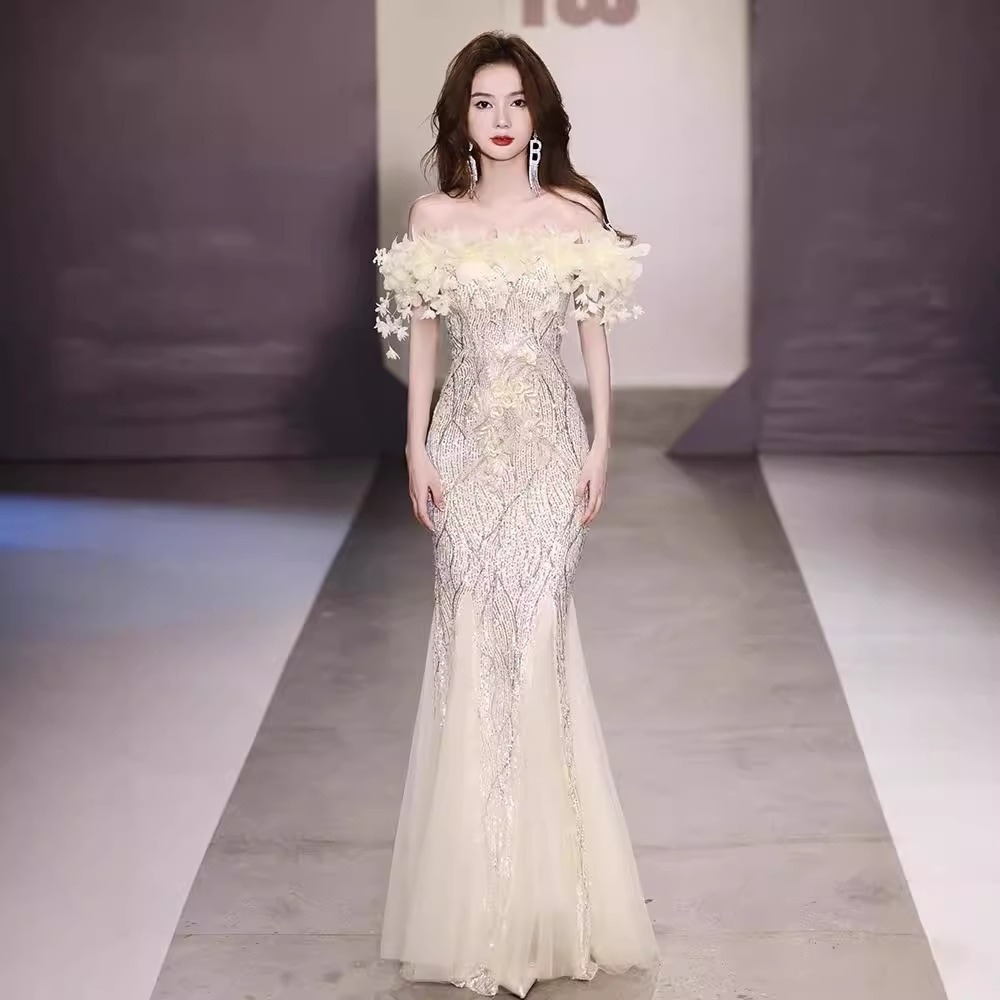 【送.料.無.料.急速発送】フィッシュテイルスカート2025肩出し重工スパンコールフラッシュドレス 演奏会 ウェディング 発表会 成人式 二次会 お呼ばれ