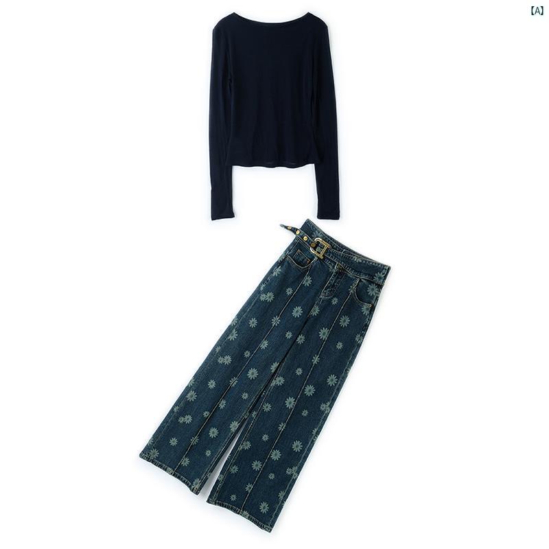 レディース　ファッション　おしゃれ　韓国　海外風 魅惑的 シースルー 耐久性 スリム ボトム シャツ ジャカード デニム ハイウエスト ワイド レッグ パンツ セットアップ可能 秋