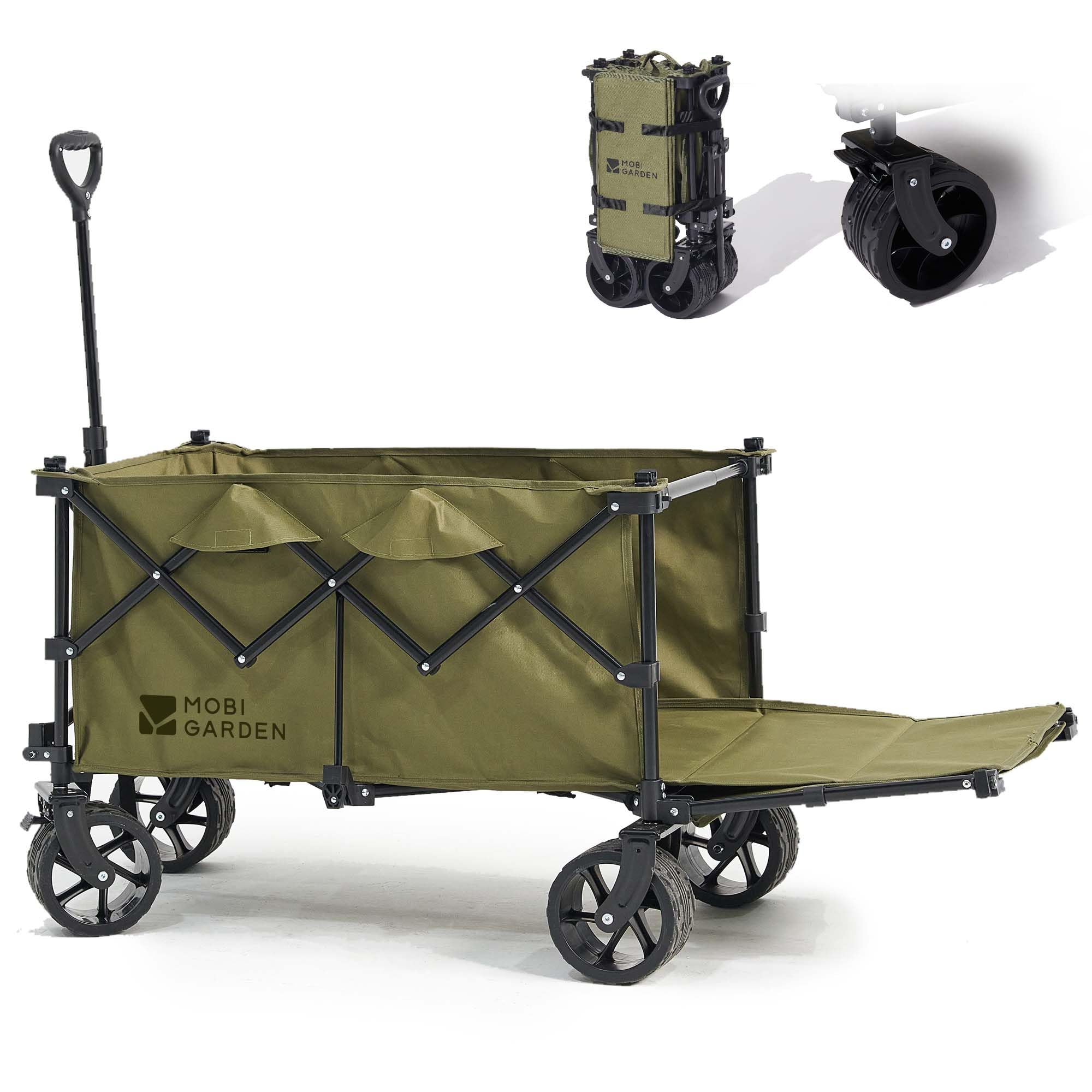 MOBI GARDEN キャリーワゴン 最大容量225L 耐荷重150kg 【荷室の長さ130cm】 長物対応 アウトドアワゴン ブレーキ付 後ろ開け 折りたたみ キャリーカート コンパクト 伸縮ハン