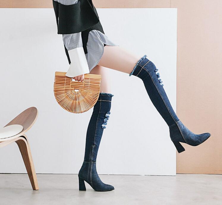 ニーハイブーツ　デニムブーツ　ロングブーツ 秋冬レディース デニム ポインテッドトゥ 太ヒール 6センチ　　ハイヒール チャンキーヒール 歩きやすい 厚底 レディース靴　疲れない おしれ 5,722円