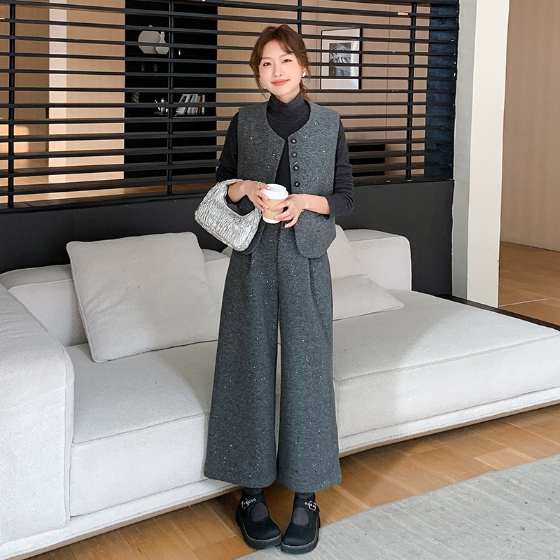 ファッションスパンコール小香スリーピースセット2025新しい韓国版カジュアルニットボトムウエストコートナインズボン 8,268円