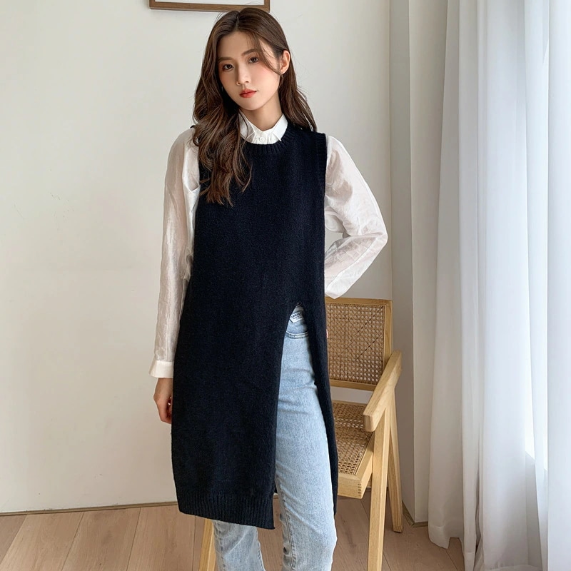 2024春と秋ロングワンピースのニットセーターベスト