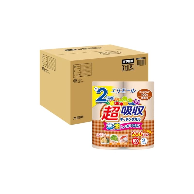 エリエール キッチンタオル 超吸収 無漂白 100カット48ロール(2ロール24パック)【ケース販売】