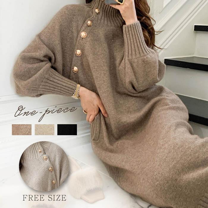 ワンピース ニットワンピース タートルネック ニットワンピ ロング レディース ニット 細見え 長袖 ゆったり 妊婦 体型カバー カジュアル 秋 冬 ベルト付き