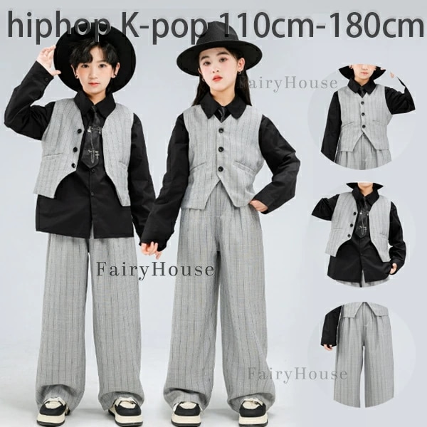 今日限りでキッズ ダンス衣装 子供スーツ 男女兼用 演出服 hiphop 舞台 団体服 練習着 原宿系 韓国 子供服 ダンス服 女の子 男の子 スーツベスト 黒シャツ ズボン ネクタイ 上下セット