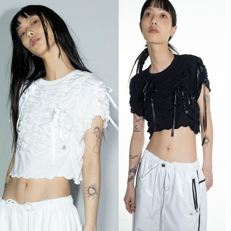 韓国人気 / G_RIBBON SHIRRING TOP / ストリート