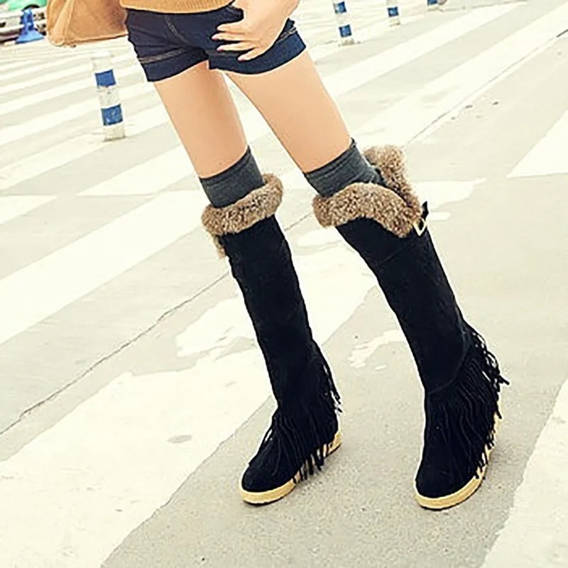 女性フラットソールロングファーウォームカジュアルスノーシューズ単色女性冬雪用の膝ブーツ