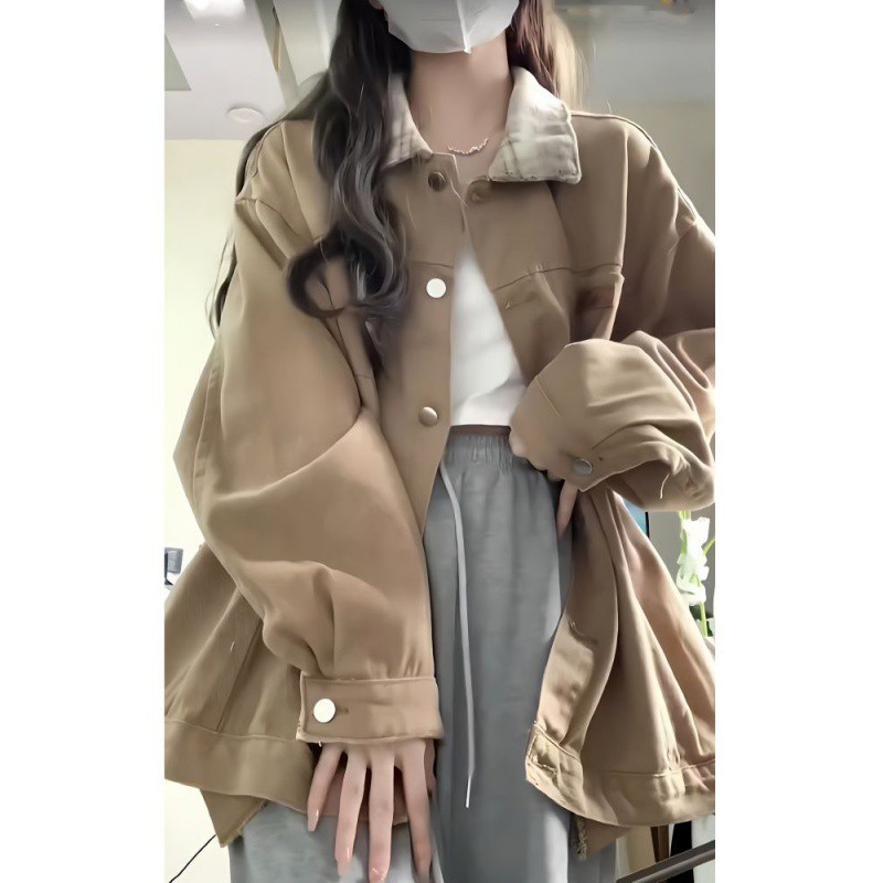 新風レトロポロカラー作業服デニムジャケット女子学生怠惰なスタイルアウタージャケットトップ