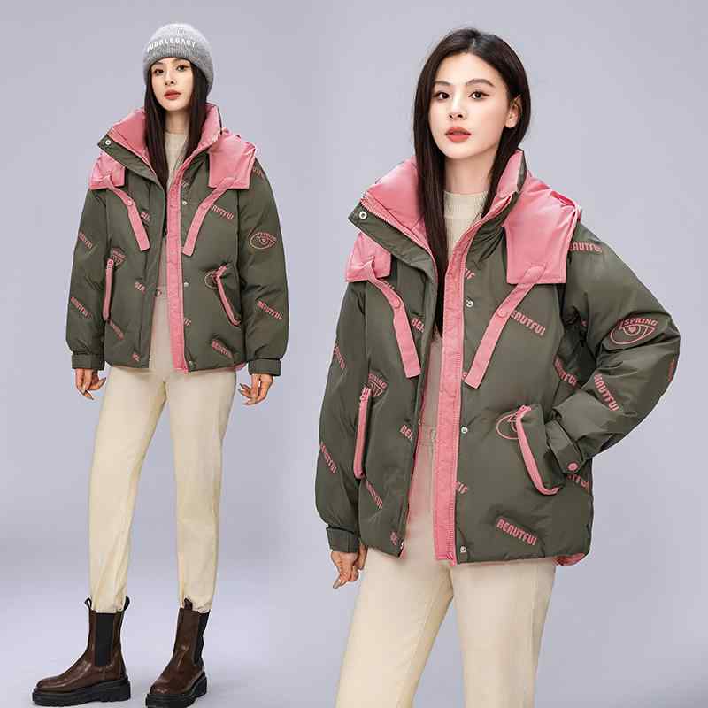秋服 レディース ファッション オシャレ カワイイ シンプル 大人カワイイ 大きいサイズ フード付き プリント ダウン コットン ジャケット トップス