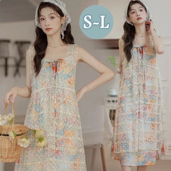 ワンピース 袖なし 水玉柄 花柄 2点セット リボン 夏ワンピ 可愛い ゆったり ロング丈 レース フリル オシャレ カジュアル 夏ワンピース 夏 リゾートワンピ お出かけ デート 旅行 海 海辺 バ 7,231円