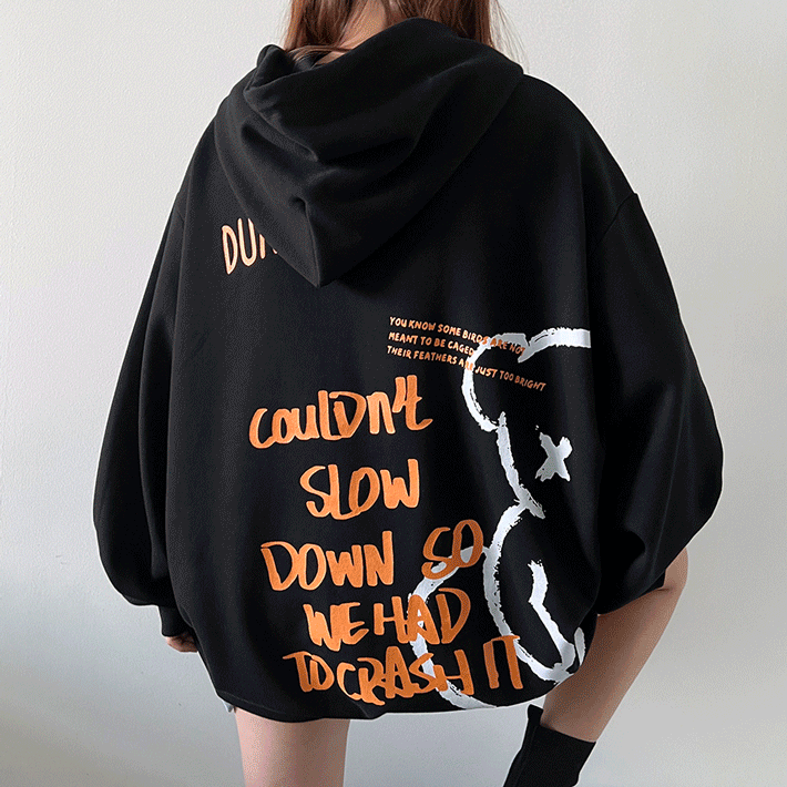 unisex(男女共用/綿/起毛/国内製作) ボックス オーバーフィット レタリング くま ビッグプリンティング フードTシャツ 4color