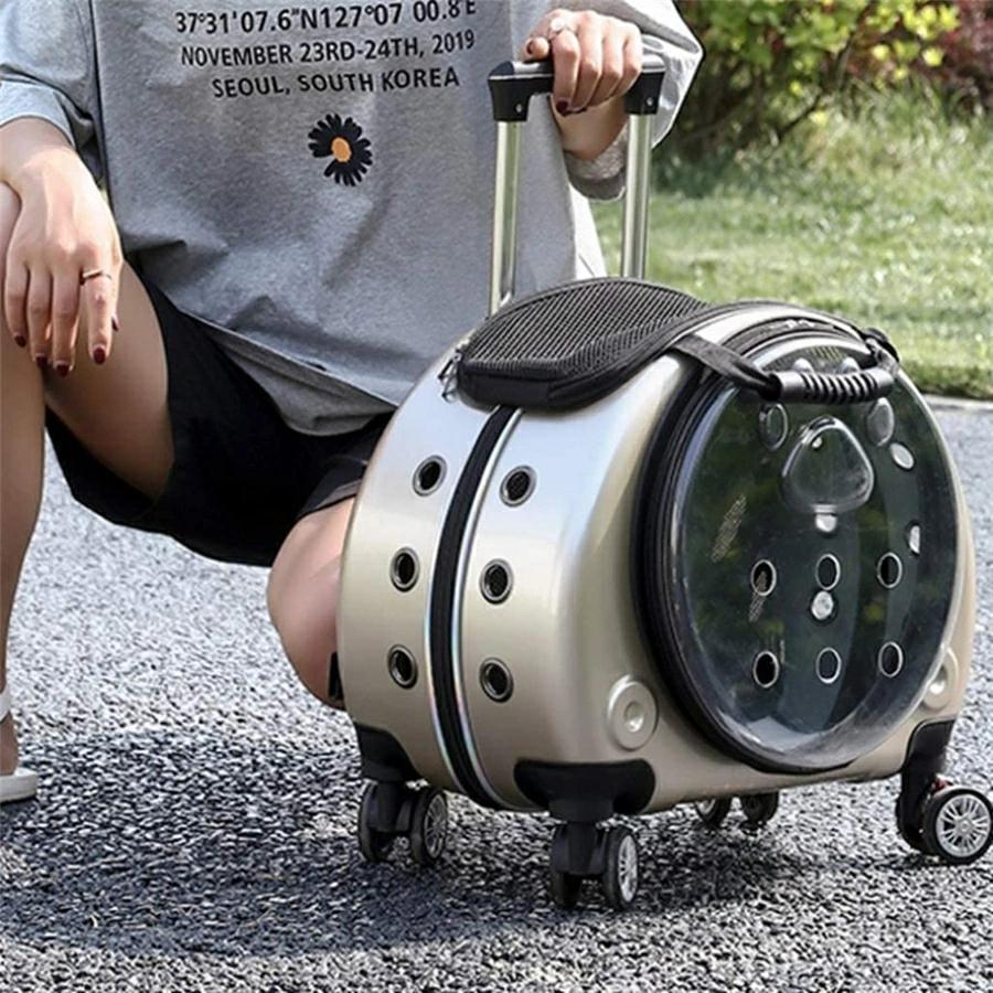 新作入荷 ペットキャリーバッグ 多機能 リュック キャスター 4輪 伸縮ハンドル 猫 小型犬 小動物適用 大容量 携帯やすい 透明 ペットバッグ アウトドア 通院