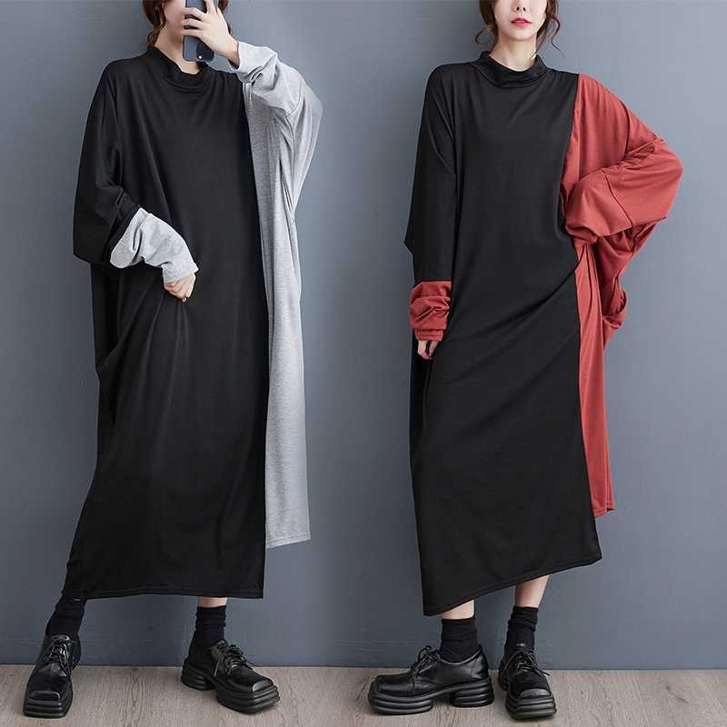 「ファットガール」 2024秋新品 ドッキングワンピース 弾力性 大きいサイズ 体型カバー レディース 長袖 ベーシック ワンピース メガ割