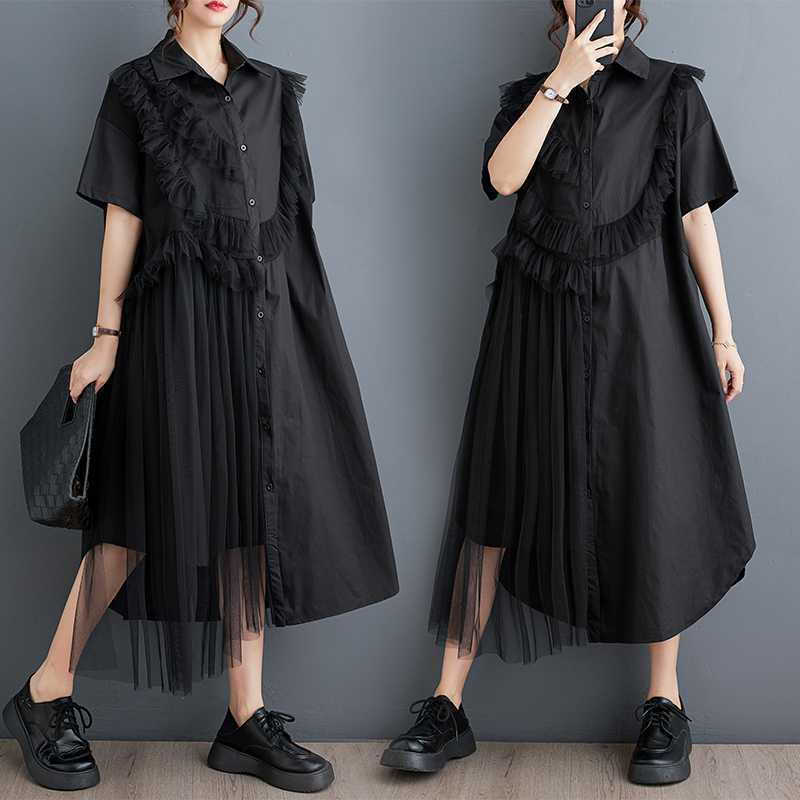 「ファットガール」 夏 チュールドッキング シャツワンピース フリル 半袖 体型カバー 大きいサイズ ゆったり レディース