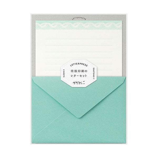 (まとめ) ミドリ レターセット 活版 レース柄 水色 86459006 1セット(5パック) (×3セット)