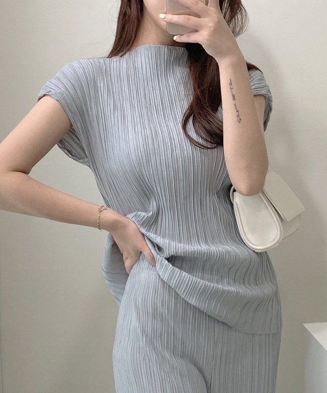 プリーツ クアンク デート デイリー バカンス しわ バンディング キャップ袖 袖なし パンツ セット