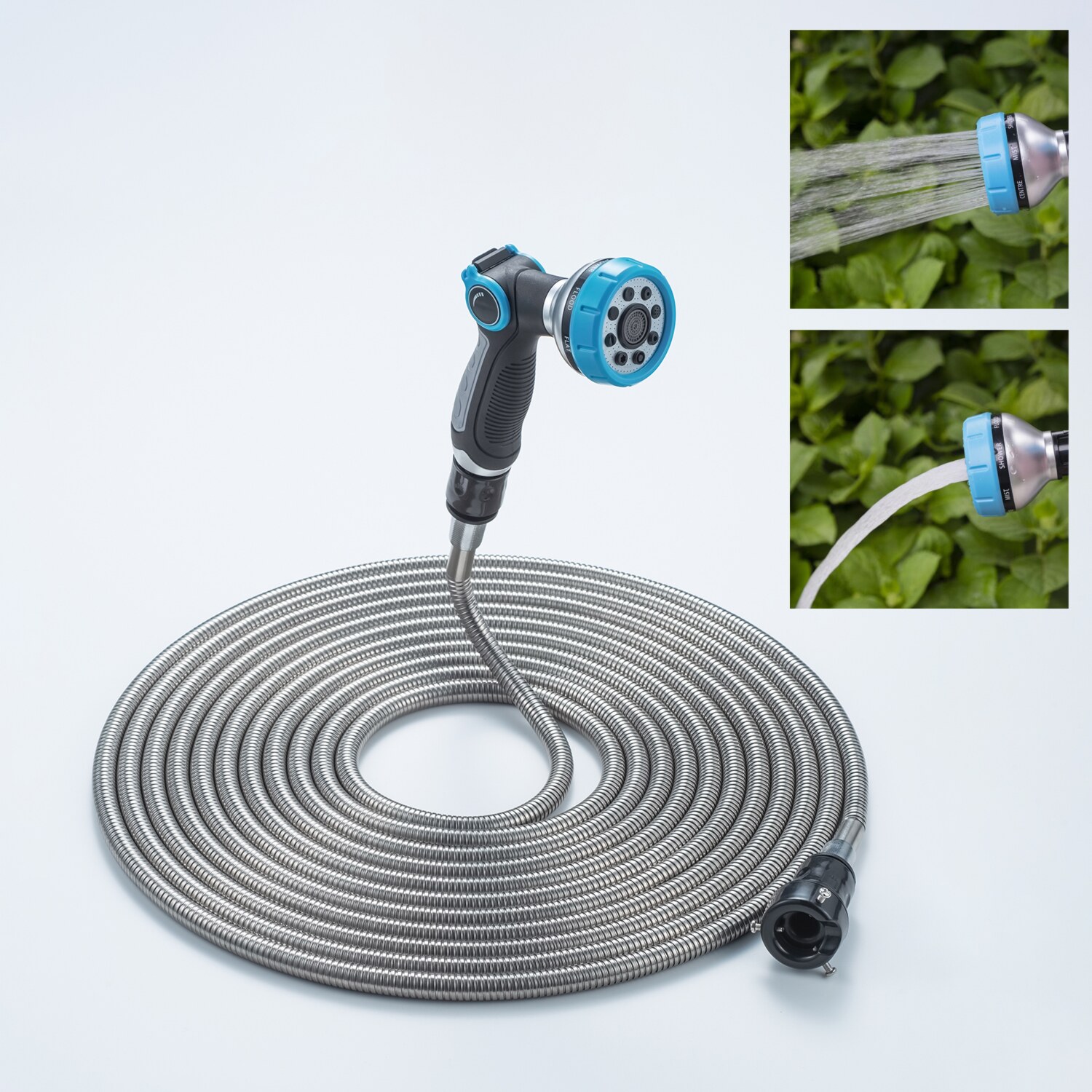 新品未使用 サビに強く丈夫で長持ち！ ８種類の散水方式が選べる 水量調節機能付き ステンレスコイルホース １０ｍ