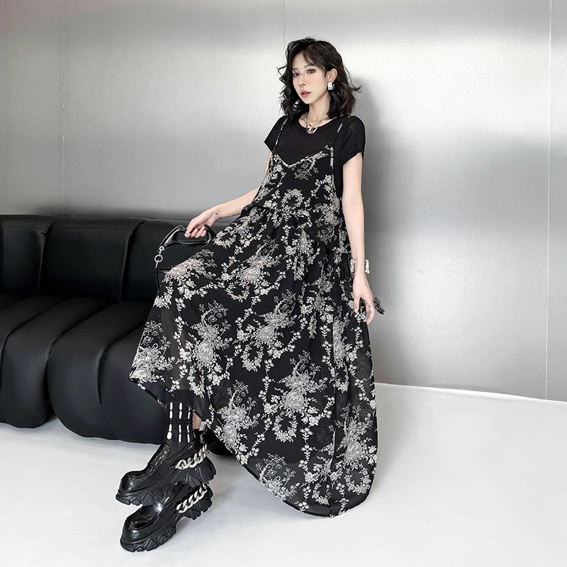 【J.Fashion】 フランス風 リゾート 花柄 Tシャツワンピ 偽2セット 夏 キャミワンピース風 レディース ワンピース30%までに制限