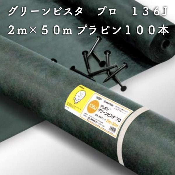 グリーンビスタ プロ 防草砂利下シート136グリーン 強力タイプ 2ｍ50m（プラピン100本付