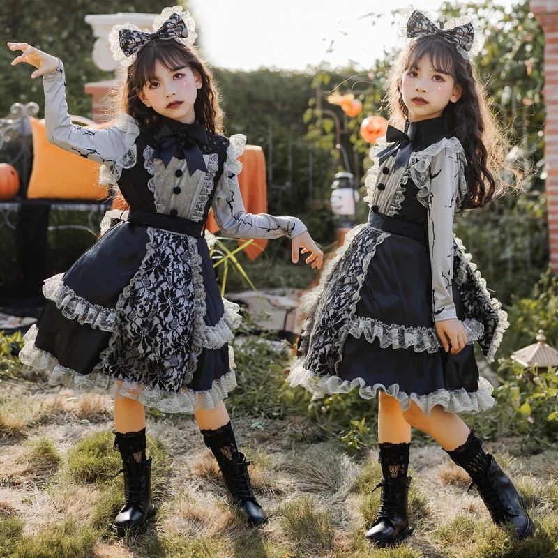 ハロウィンコスチューム 子供用 ロリータ レースドレス ダーク ゴシック 魔女 女の子 ロリータ メイド
