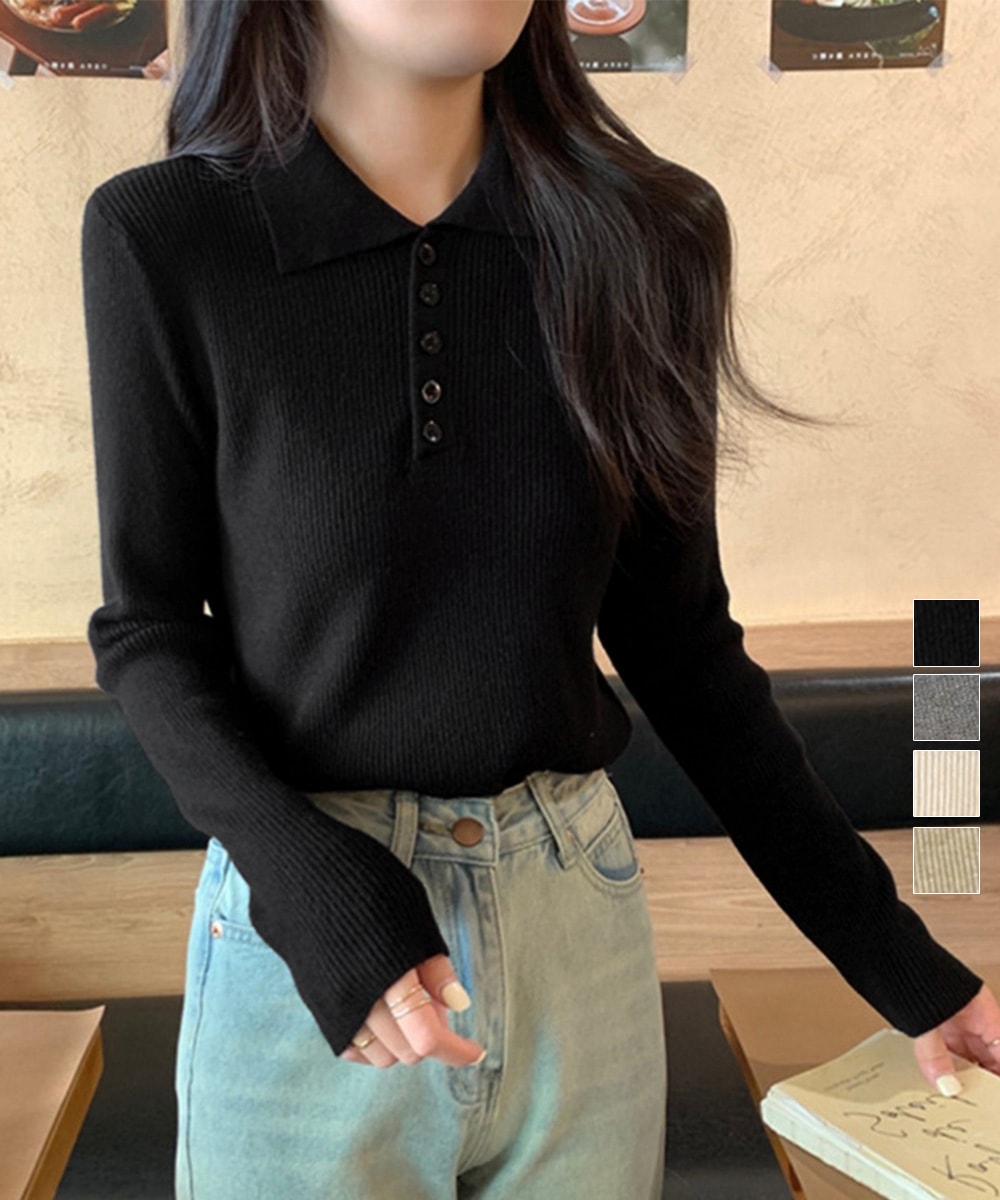 国内即納 ポロリブニットトップス ベーシック春秋服 90CHENXINI-023