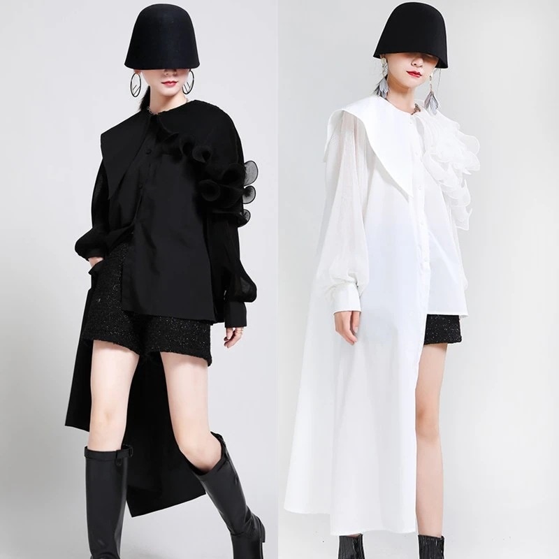 【J.Fashion】 ワンピ風 不規則デザイ ブラウス フリル 肩飾り 透明ベルト付き チュニック レディース おしゃれ 春秋 長袖 ブラウス カシミヤタッチ 日焼け止め メガ割