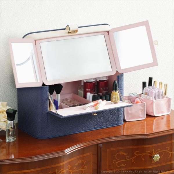 コスメケース 三面鏡 メイクボックス コスメボックス メイクケース ミラーつき 化粧品 収納箱 大容量 取っ手付き 化粧水 立てて入る 小分け 仕切り おしゃれ