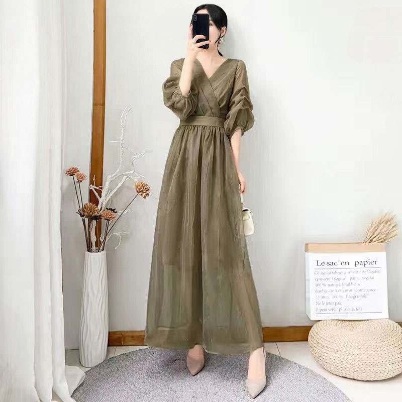 ふんわり袖 ジャンプスーツ コンビネゾンン 膝下シアー レディース オールインワン つなぎ 膝下 ミモレ ロング 裏地付き 5分袖 7分袖 ボリューム袖 ランタンスリーブ Vネック カシュクール