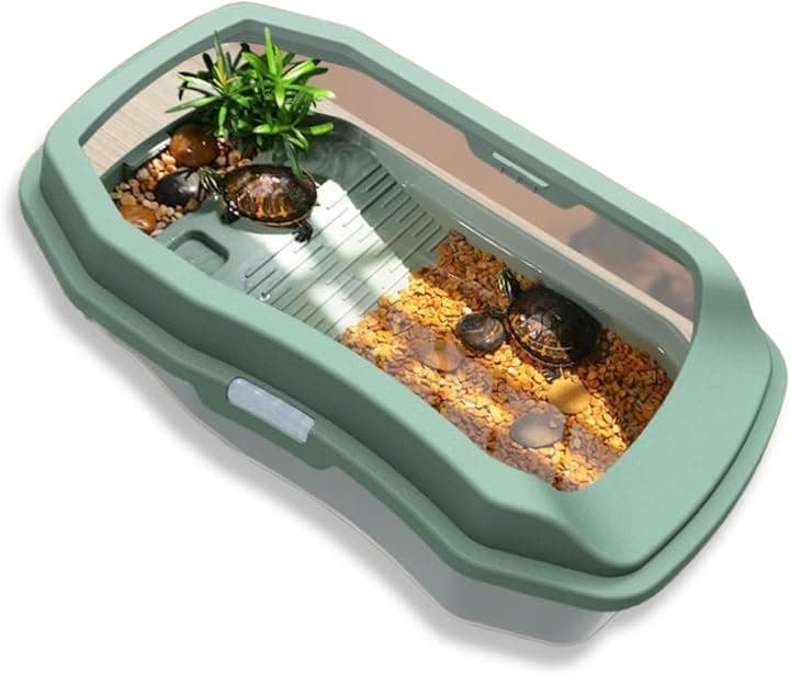 水槽 亀 亀水槽 亀の水槽 飼育ケース カメ かめ 大きい 65x35x18cm フェンス付 脱出防止 爬虫類 飼育ボックス ３層構造 亀との癒やし空間(グリーン, 特大)