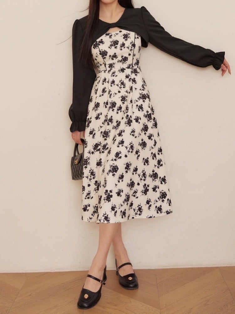 2つの表情で楽しむ 前後使える2WAYボレロ×モノトーンフラワーワンピースセット セットアップ フェミニン 大人可愛い 韓国 CH10172