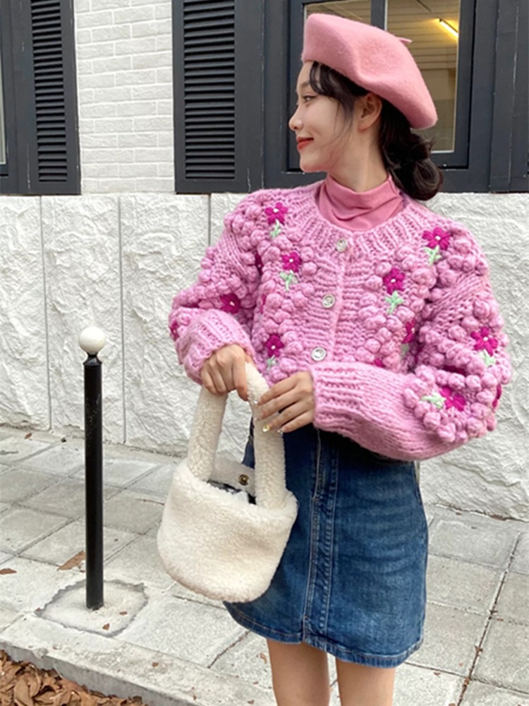 立体刺繍フラワーニットカーディガン セーター カーディガン ニット レディース ピンク 韓国 オルチャン 秋冬 アウター ジャケット 2カラー