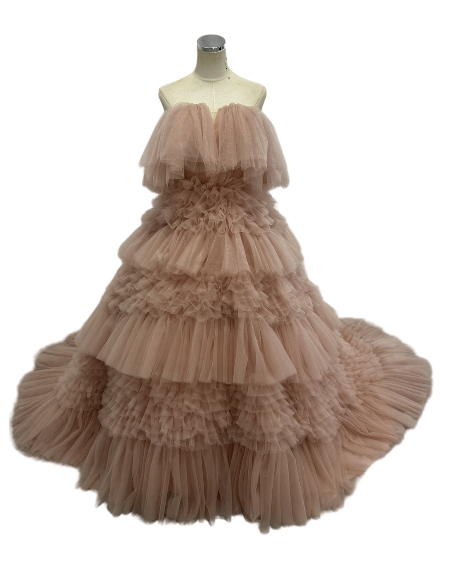 豪華！薄ピンク カラードレス ベアトップ 柔らかく重ねたチュールスカート 編み上げ 可愛い 前撮り