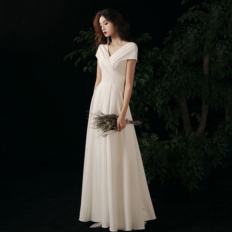 2025 半袖 パーティードレス 夏 韓国ファッション 結婚式 花嫁 シンプル ウエディングドレス 同窓会 発表会 二次会