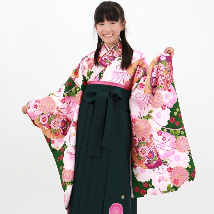 レンタル７泊８日 卒業式 袴 レンタル 小学生 女の子 レトロ ジュニア卒業式袴レンタルセットオリジナル ひな祭り 着物 衣装 花 レトロ モダン 緑