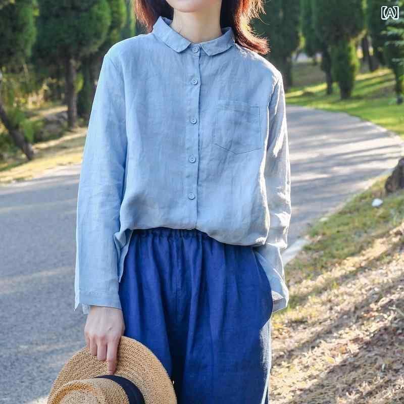 レディース　　シャツ　トップス シンプル レディース リネン 長袖 シャツ ウォッシュド 文学 万能 服 通勤 秋 ストレート