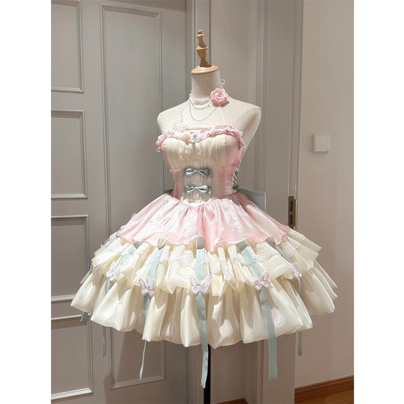 スイートアプリコットピンクロリータプリンセスプリンセスドレスサマーホルターネックストラップロリータショートスカートドレス