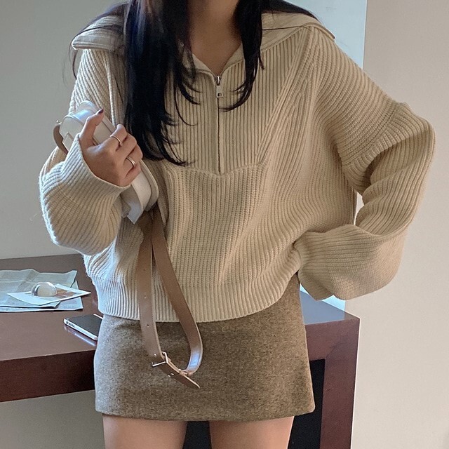 トップス ニットソー セーター 長袖 Vネック ハイネック 襟付き ストレート Iライン ファスナー 前開き 伸縮性 ニット かわいい 大人可愛い きれいめ シンプル カジュアル 大人 おしゃれ